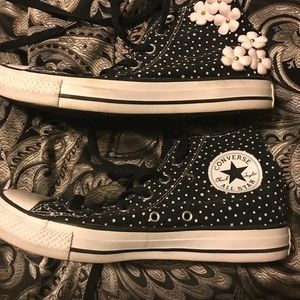 Polka dot Converse high tops with leather flowers